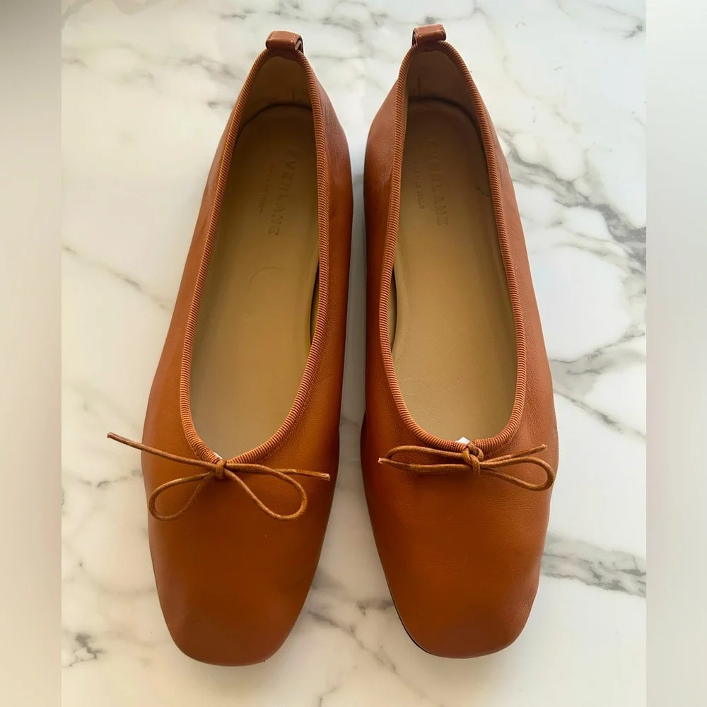 EXC LN EVERLANE The Day Ballet Flat Cognac Brown Toasted Almond 8.5 Square Toe - Picture 2 of 11